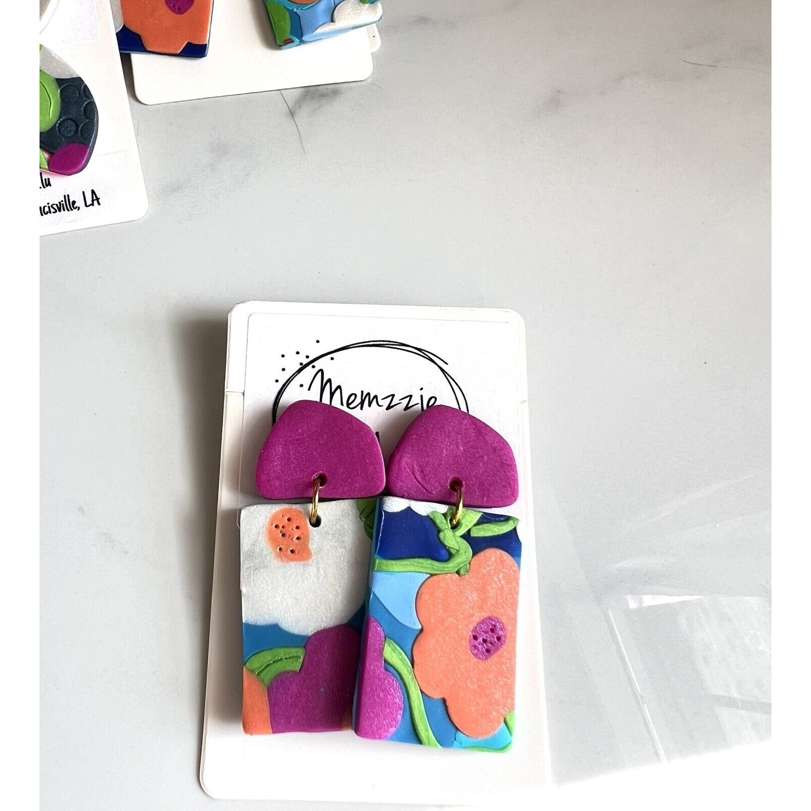 Handmade Polymer Clay Earrings Handcrafted Artwork Floral Rectangular Shape